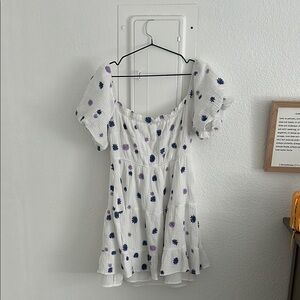 White Dress with Purple and Blue Floral Pattern